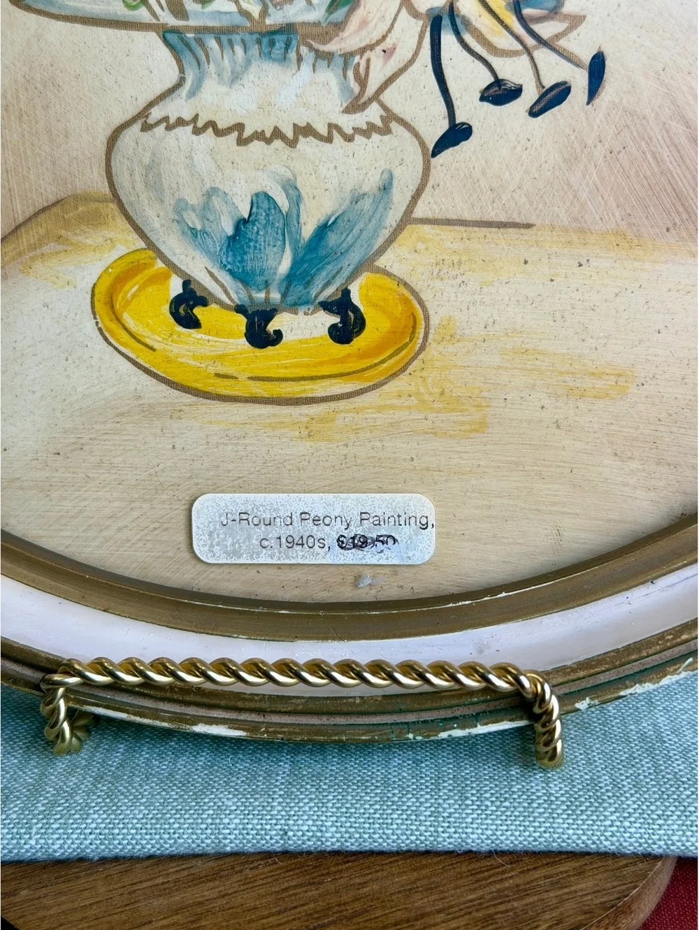 Vintage 1940s Hand Painted Floral Wall Art Round Peony Painting Ivory Frame